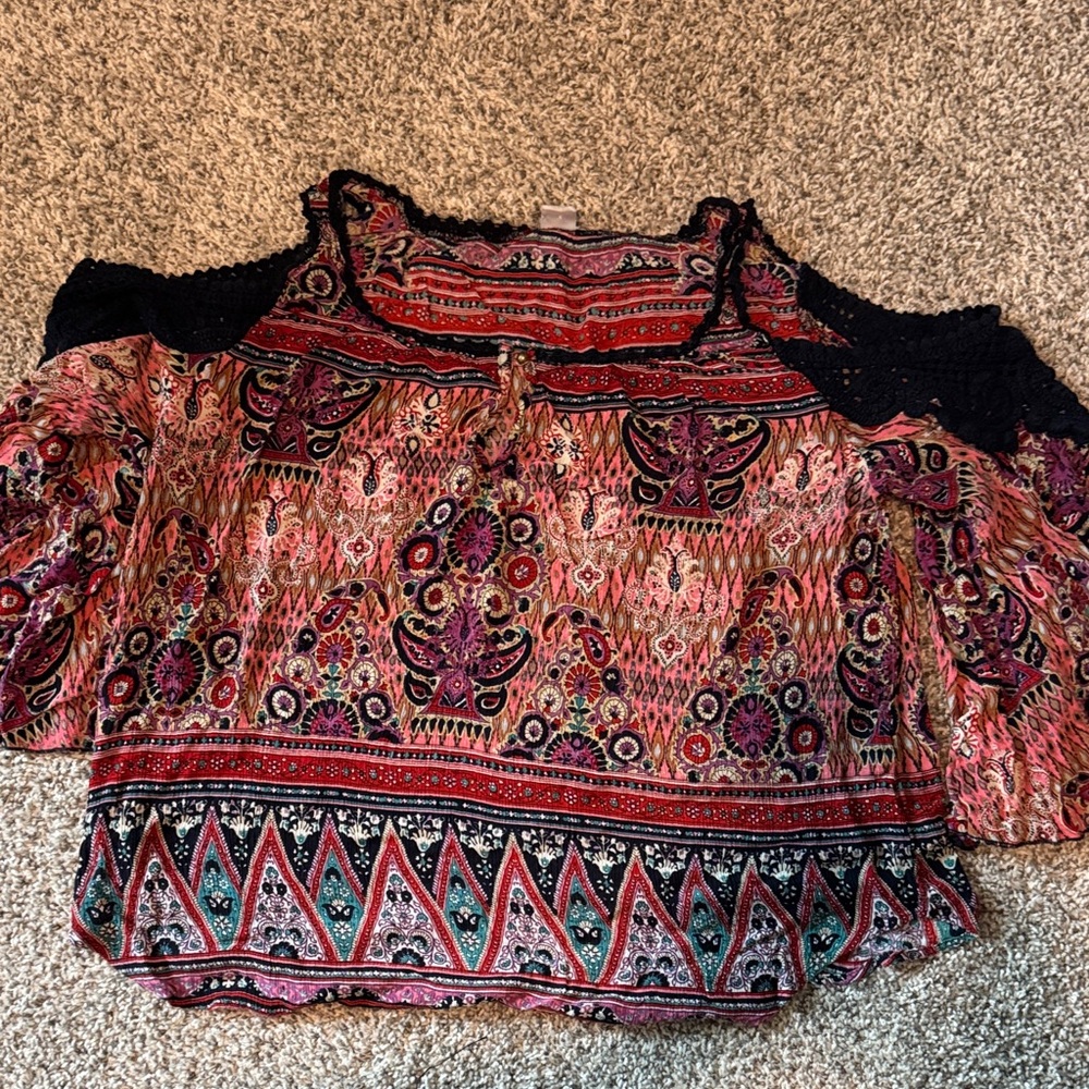 Bila Multicolor Cold-Shoulder Boho Blouse with Black Crochet Trim